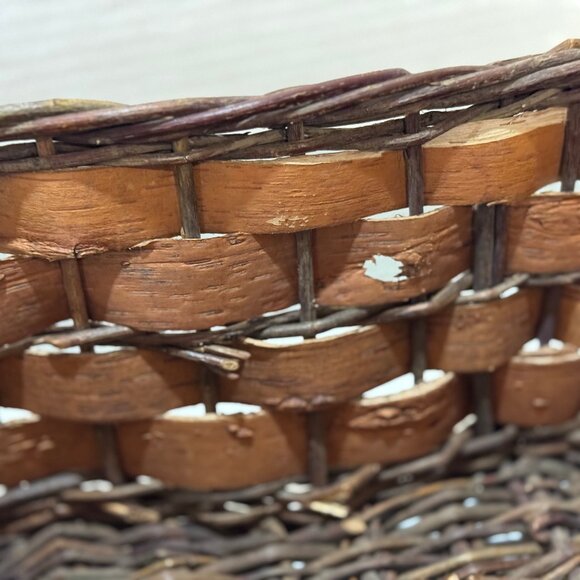 Rustic Medium Wicker Basket Woven Bark + Handled Pleather Natural Country LOT 2 - Picture 8 of 15